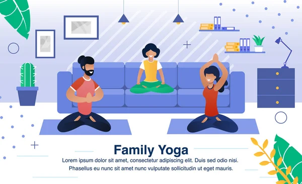 Exercícios de Yoga de família Flat Vector Banner, Cartaz — Vetor de Stock