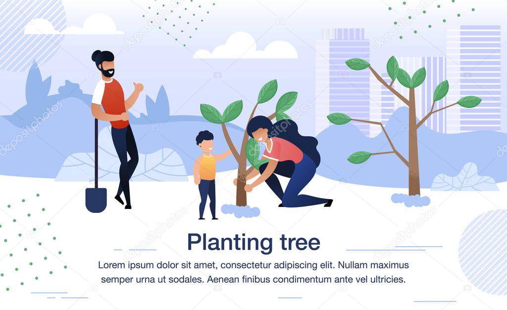 Planting Tree with Family Vector Banner, Poster
