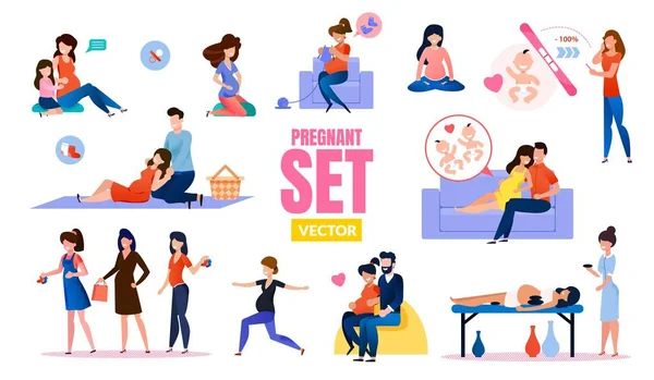 Happy Pregnant Woman Flat Vector Characters Set — Stock vektor