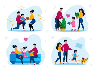 Aile Karakterleri Yaşam Sahneleri Düz Vektör Kümesi