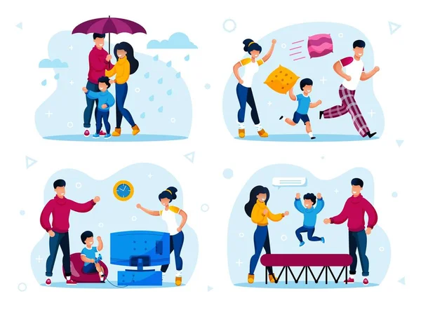 Familia moderna feliz estilo de vida escenas vectores conjunto — Vector de stock