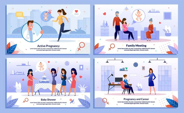 Modern Pregnant Woman Life Vector Posters Set - Stok Vektor