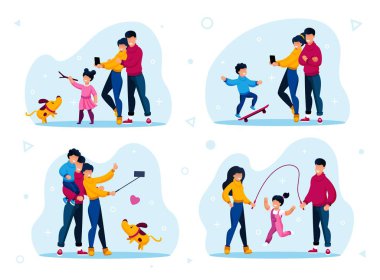 Aile Eğlencesi ve Aktif Yaşam Tarzı Vektörleri Ayarlandı