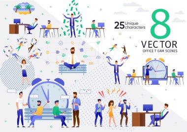 İş Ekibi Ofisi Düz Vektör Sahneleri Ayarlandı