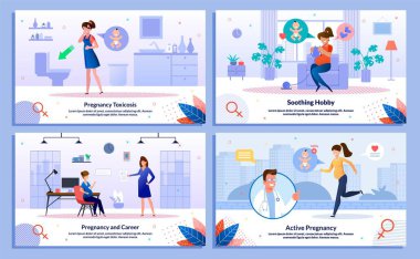 Hamile Kadın Yaşam Tarzı Düz Vektör Sancakları Ayarlandı