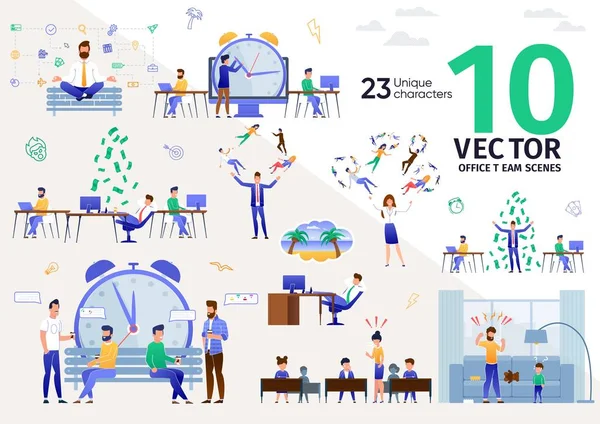 Ofis İşçileri Rutinleri Düz Vektör Sahneleri Ayarlandı