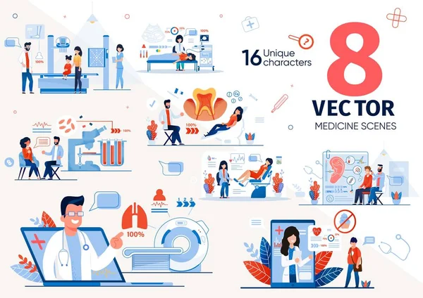 Diagnósticos médicos Tecnologías Escenas vectoriales Set — Vector de stock