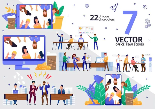 Equipo de negocios Trabajo a distancia Escenas de vectores planas — Vector de stock