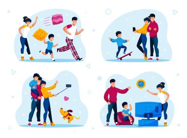 Happy Parenthood Routines Scenes Flat Vector Set