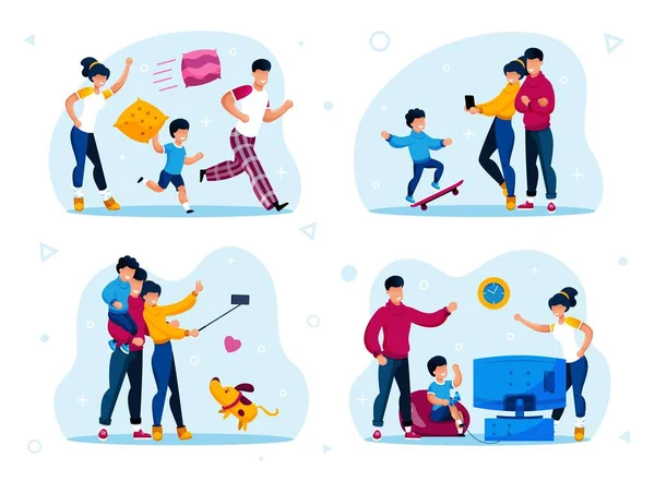 Happy Parenthood Routines Scenes Flat Vector Set — Stok Vektör