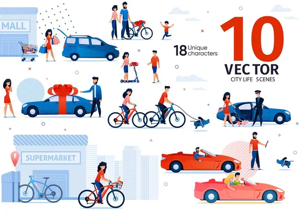 Conjunto de escenas vectoriales de transporte ecológico y de automóviles — Vector de stock