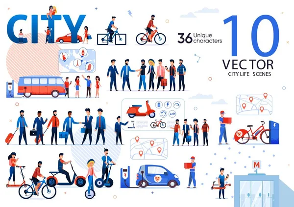 Escenas de la vida de la ciudad, conceptos vectoriales de transporte ecológico — Vector de stock