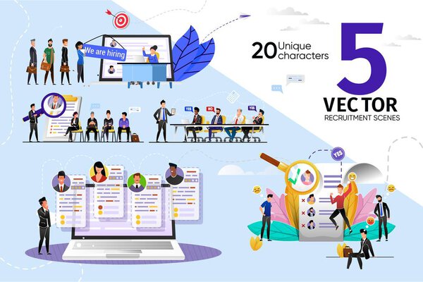 Contratación de trabajadores de oficina Escenas vectoriales planas — Vector de stock