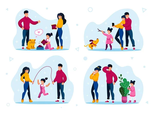 Happy Childhood, Parents Routines Flat Vector Set — Stok Vektör