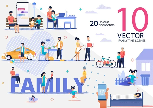 Familiares feliz familia vida plana vectores escenas conjunto — Vector de stock