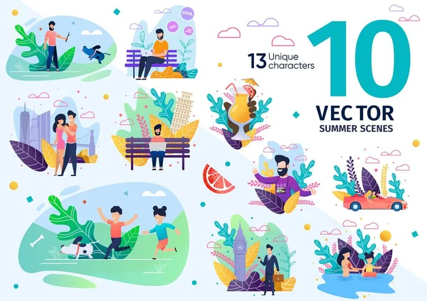 Atividades recreativas de verão Cenas de vetores planos — Vetor de Stock