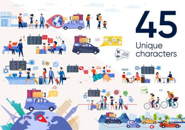 Family in Vacation Journey Flat Vector Scenes Set
