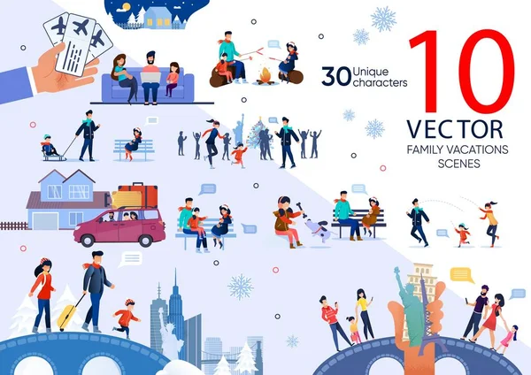 Ensemble de scènes vectorielles plates de vacances d'hiver heureuses en famille — Image vectorielle