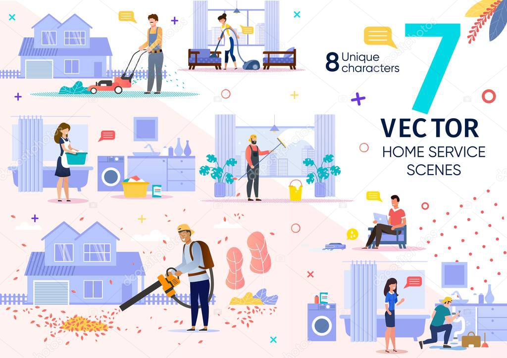 House Cleaning, Repair Service Works Vector Scenes