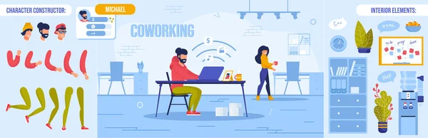 Conjunto de constructor de espacio y carácter de coworking — Vector de stock