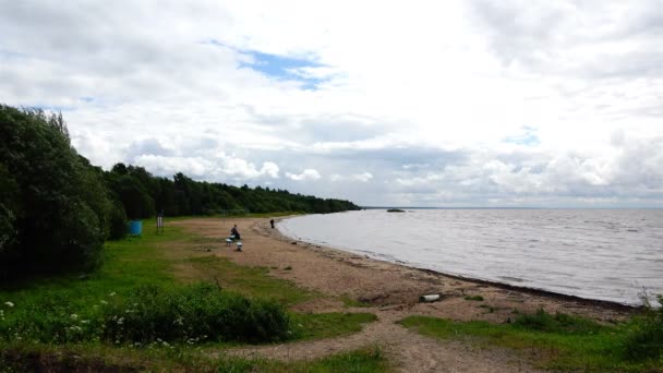 Enkele mensen zitten in de buurt van het water op het strand op de zanderige oever van het meer op een winderige dag — Stockvideo