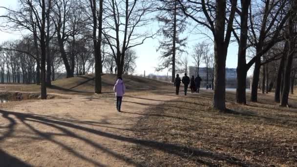 Άνθρωποι με τα πόδια σε ένα κρύο φθινόπωρο η πλατεία ανάμεσα στα γυμνά δέντρα — Αρχείο Βίντεο