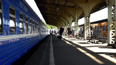 turistler ve bavul yolcu tren istasyonu platformunda vardır