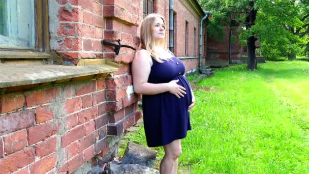 A pregnant girl stands at a historic old dilapidated building with rusty window-sills and chips in the walls — Stock Video