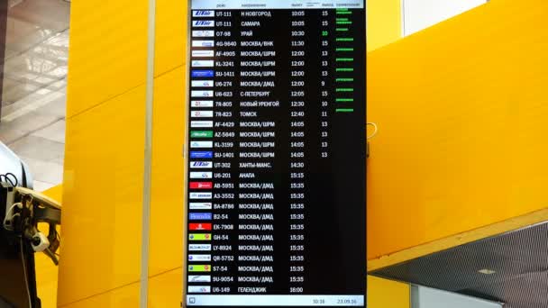 हवाई अड्डे कोल्टोसोवो आगमन और उड़ानों पर विमानों के प्रस्थान की अनुसूची का इलेक्ट्रॉनिक बोर्ड — स्टॉक वीडियो