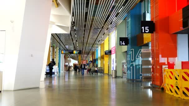 Lotniska Koltsovo pasażerów z bagażem chodzić przeszłości bramce na lotnisku — Wideo stockowe
