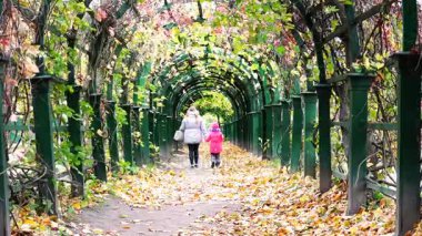 Anne ve kızı ile sonbahar sarı yapraklar mayınları avenue boyunca yürüyüş