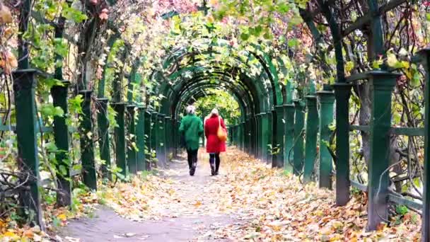 Дві жінки в червоно-зеленому осінньому пальто ходять по арці торгового центру — стокове відео