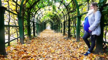 ceket hamile bir kız parkta sonbahar yaprakları üzerinde duruyor ve hava nefes