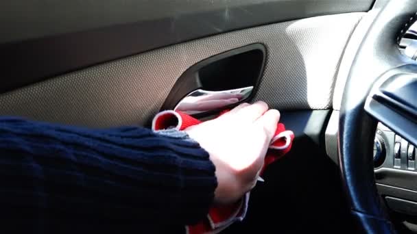 Het tapijt en de arm van de deur van de auto met een rode lap afvegen — Stockvideo