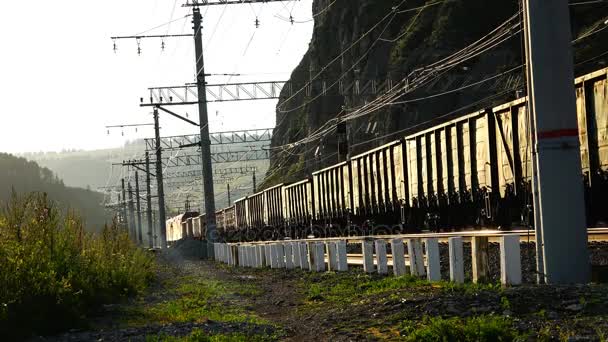 Nákladní vlak prochází pohoří — Stock video