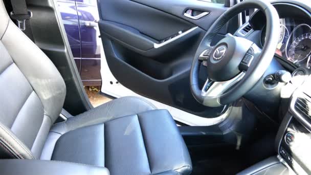 Водитель открывает дверь и водит машину Mazdas — стоковое видео