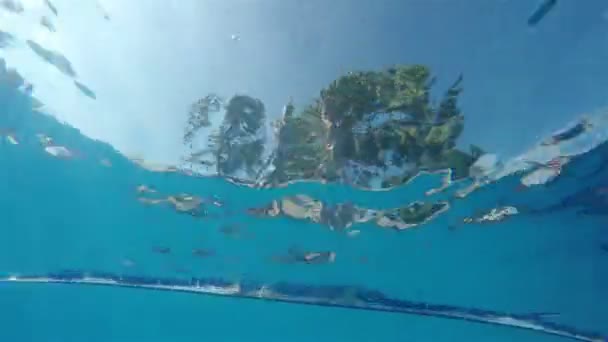 Niño y niña de ocho años de edad, saltar a la piscina. Fotografía submarina — Vídeos de Stock