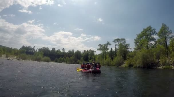 Un groupe d'athlètes sur un bateau levaient leurs rames et nageaient le long d'une section plate d'une rivière de montagne — Video