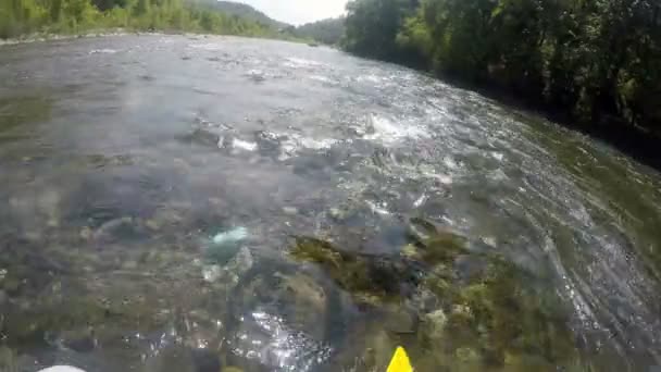 Wioślarz używa pojedynczego wiosła do kierowania łodzią wokół skał w rzece — Wideo stockowe