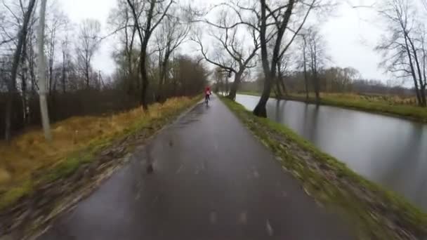 Pista ciclabile asfaltata lungo il bosco e il fiume — Video Stock