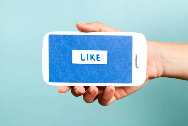 Horizontal Phone Concept Showing Button Blue Background — Stock Photo, Image