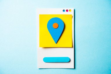 Paper screen with map pointer flat and smartphone with gps on bl