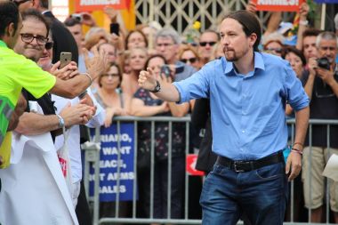 Leader of Podemos Pablo Iglesias at protest against terrorism clipart