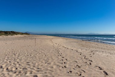 Empty Bolonia beach near Tarifa, where the Mediterranean meets the Atlantic and with African mountains in the background clipart