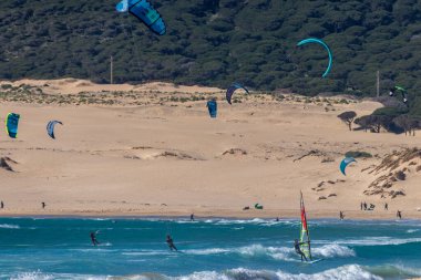 Tarifa, İspanya. 3 Şubat 2020. Birçok uçurtma ustası ve rüzgar sörfçüsü rüzgarlı Bolonya plajı yakınlarındaki Atlantik Okyanusu 'nda spor yapıyor.