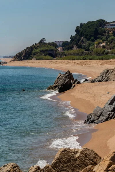 Arany Homok Egy Teljesen Üres Canet Mar Strand Közelében Barcelona — Stock Fotó