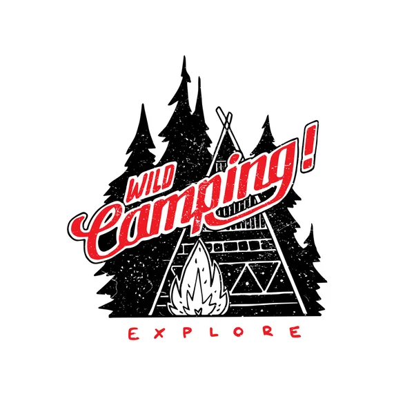 Hand drawn vintage label with tribal tent, forest and bonfire. — Διανυσματικό Αρχείο