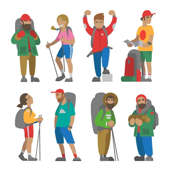 Conjunto de excursionistas y mochileros. Estilo plano . — Vector de stock