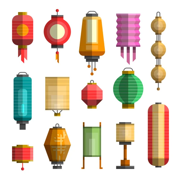 Illustration vectorielle plate moderne avec différentes lanternes en porcelaine. E — Image vectorielle