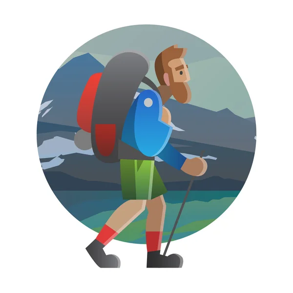 Wanderer, der durch das Feld geht. Trekking, Wandern, Klettern, Wandern — Stockvektor